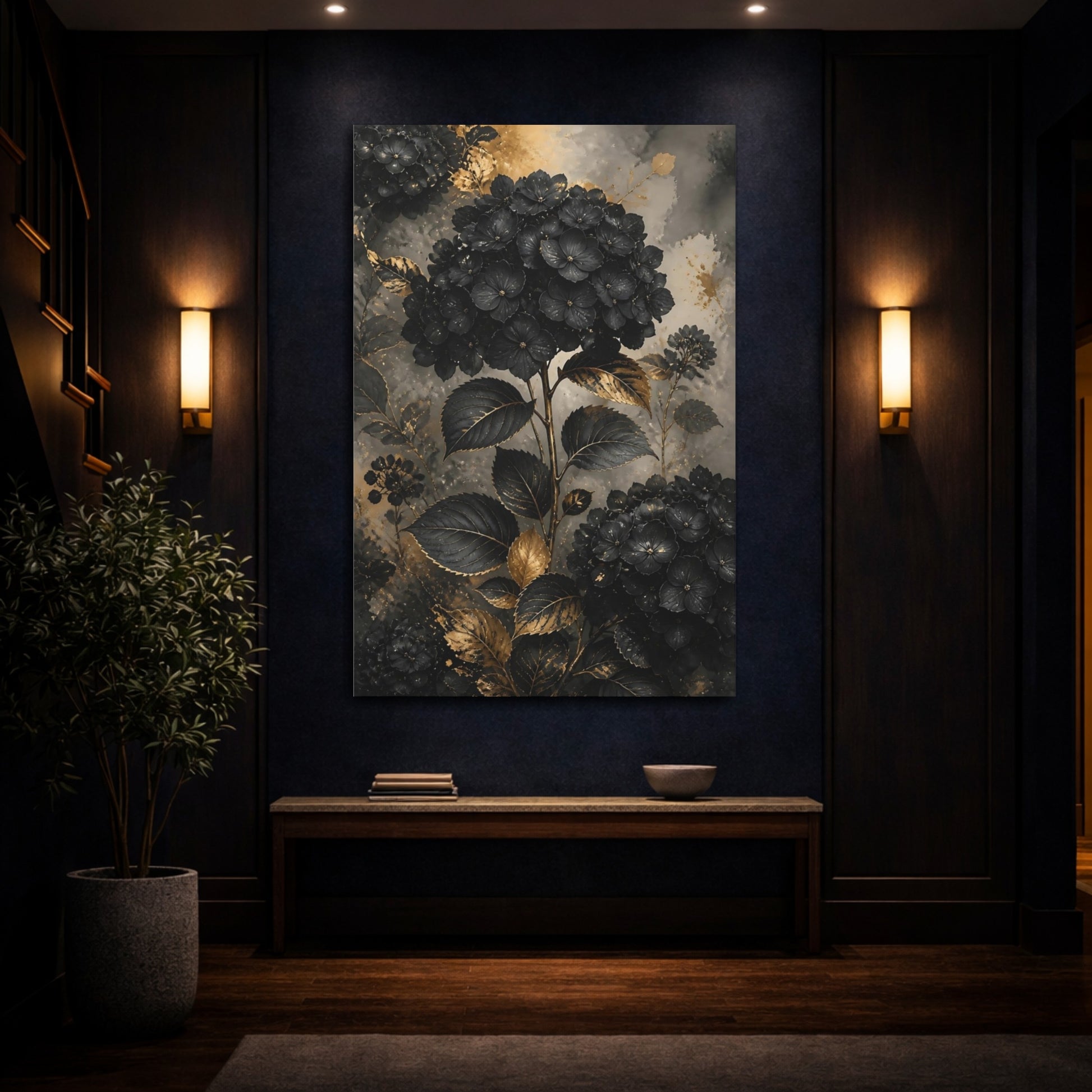 Mockup 4. Floral Hydrangeas Black And Gold shown as stretched canvas wall art