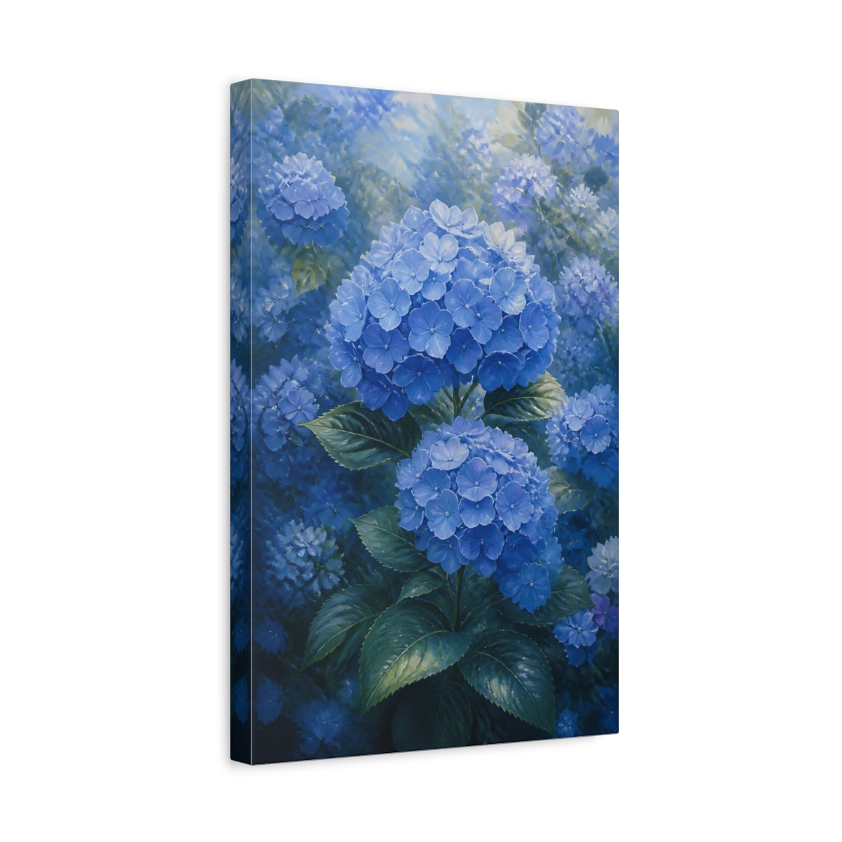Side Mockup 4. Floral Hydrangeas Blue Hydrangeas shown as stretched canvas wall art