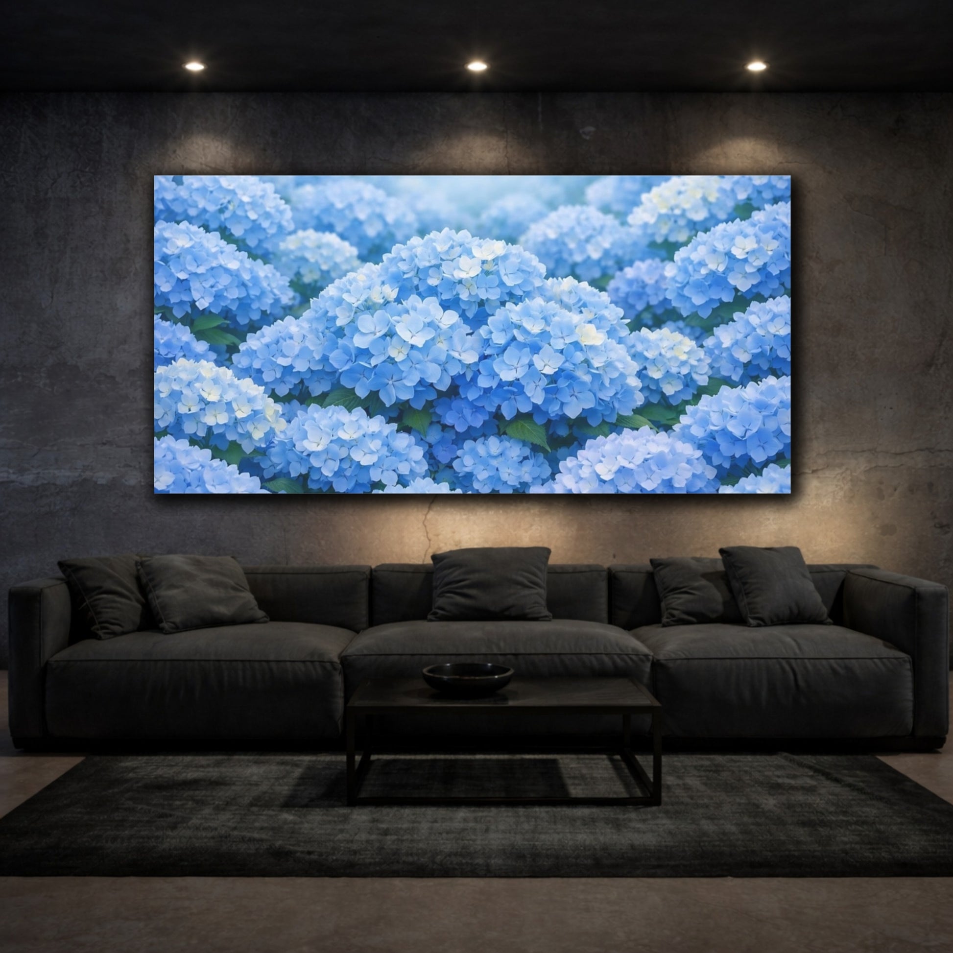 Mockup 2. Floral Hydrangeas Blue Floral shown as stretched canvas wall art