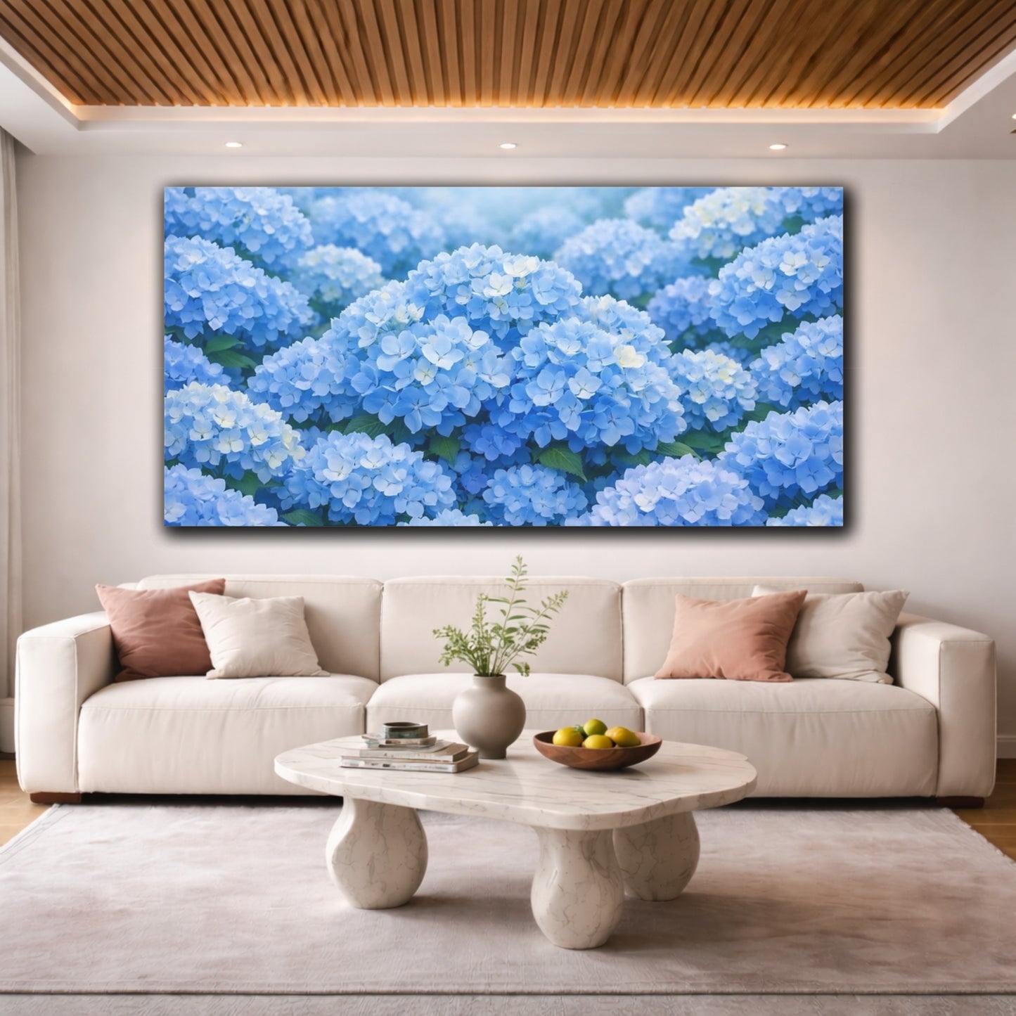 Mockup 3. Floral Hydrangeas Blue Floral shown as stretched canvas wall art