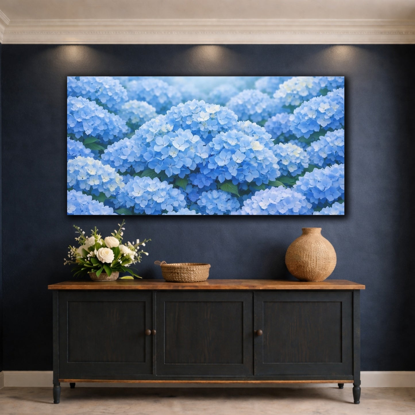 Mockup 4. Floral Hydrangeas Blue Floral shown as stretched canvas wall art