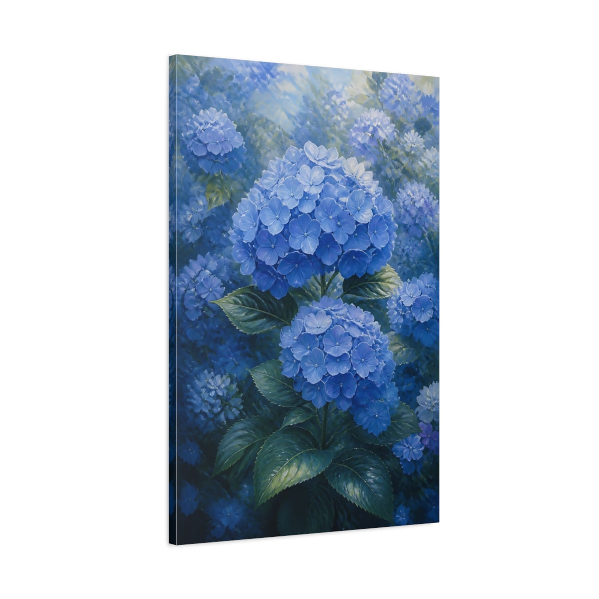 Main Mockup. Floral Hydrangeas Blue Hydrangeas shown as stretched canvas wall art
