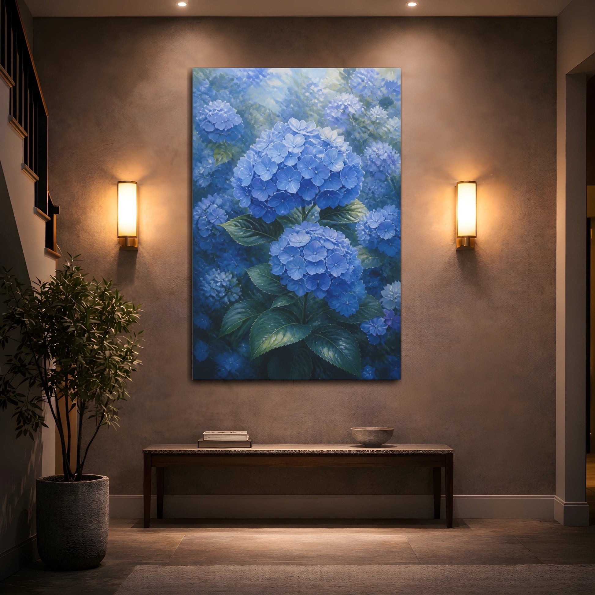 Mockup 2. Floral Hydrangeas Blue Hydrangeas shown as stretched canvas wall art