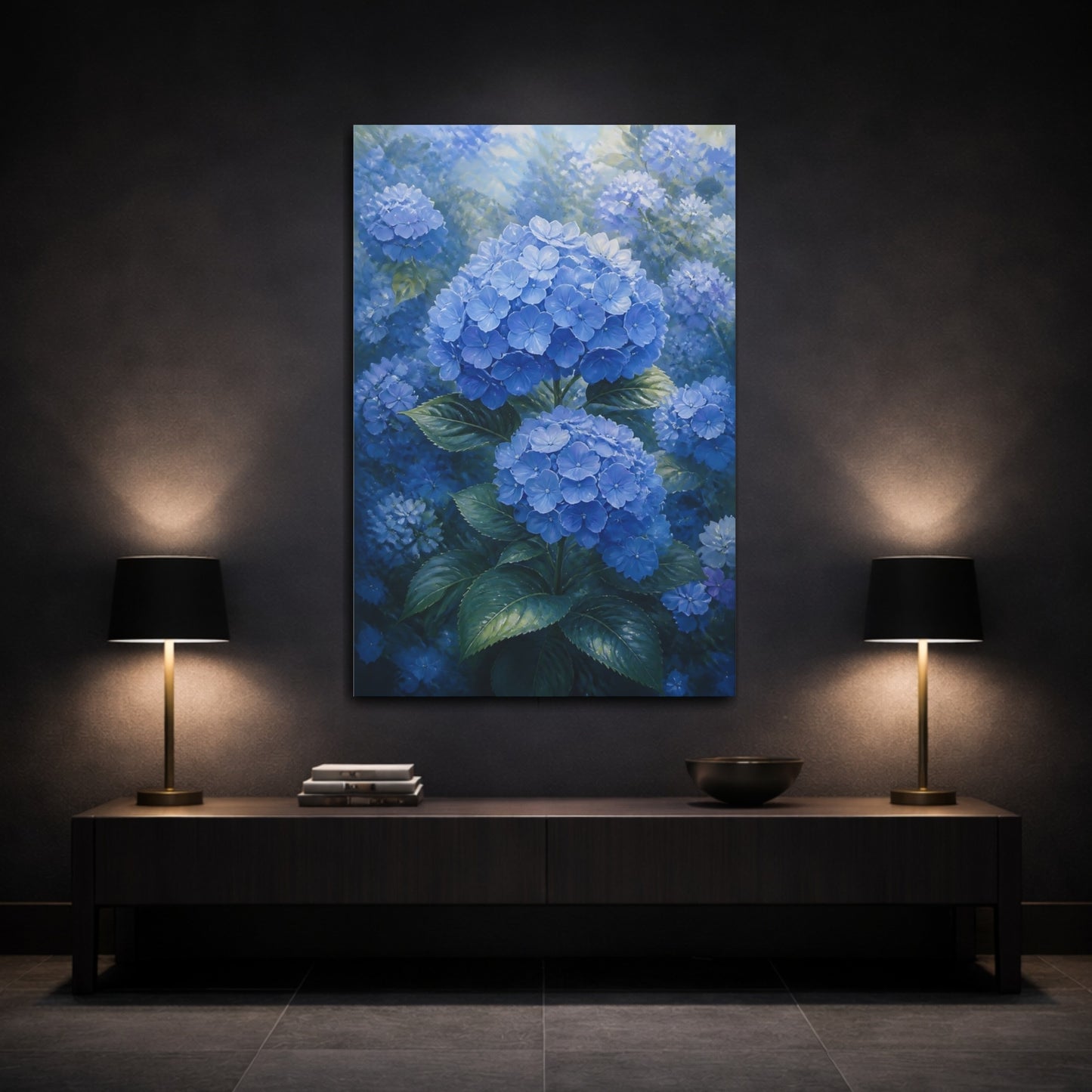 Mockup 3. Floral Hydrangeas Blue Hydrangeas shown as stretched canvas wall art