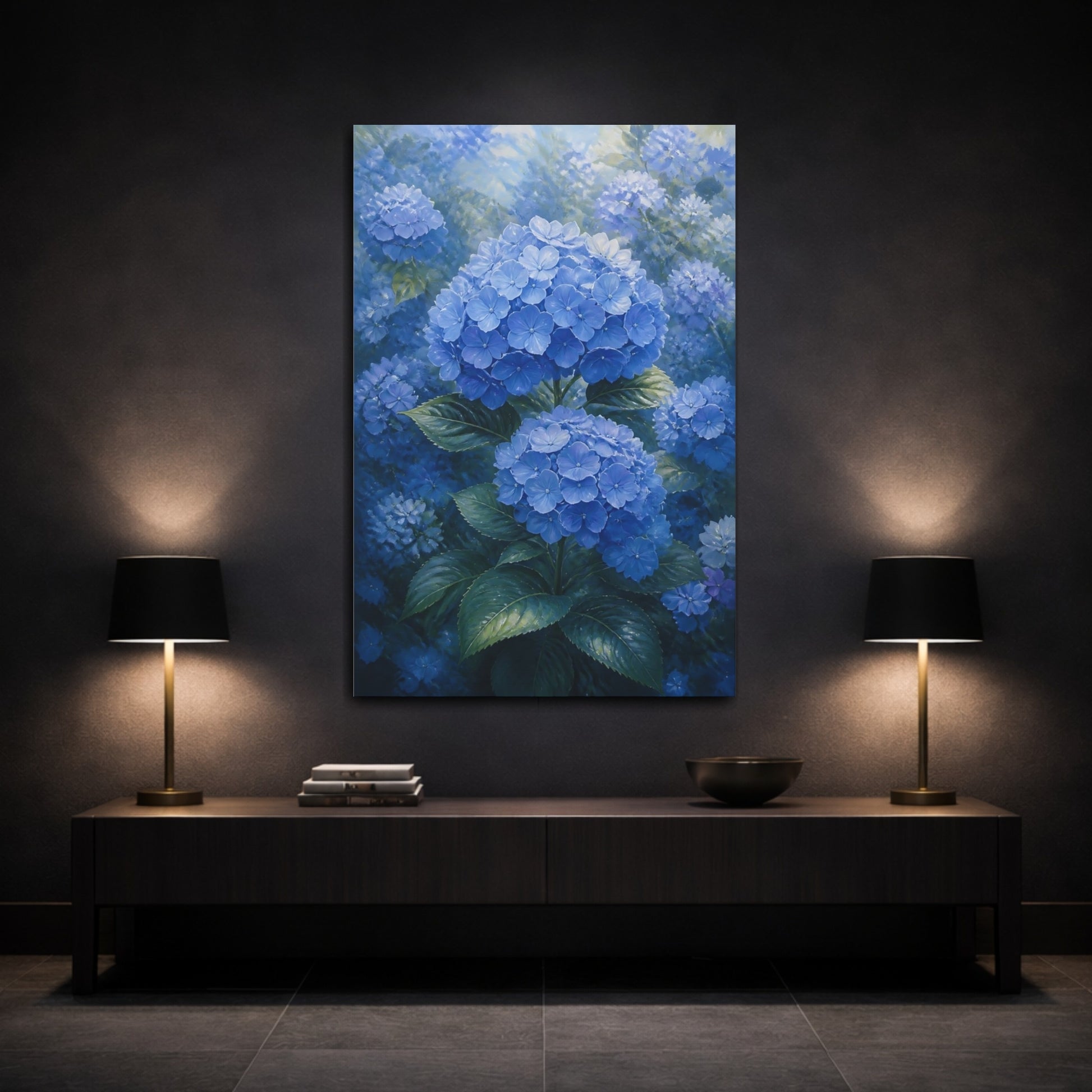 Mockup 3. Floral Hydrangeas Blue Hydrangeas shown as stretched canvas wall art