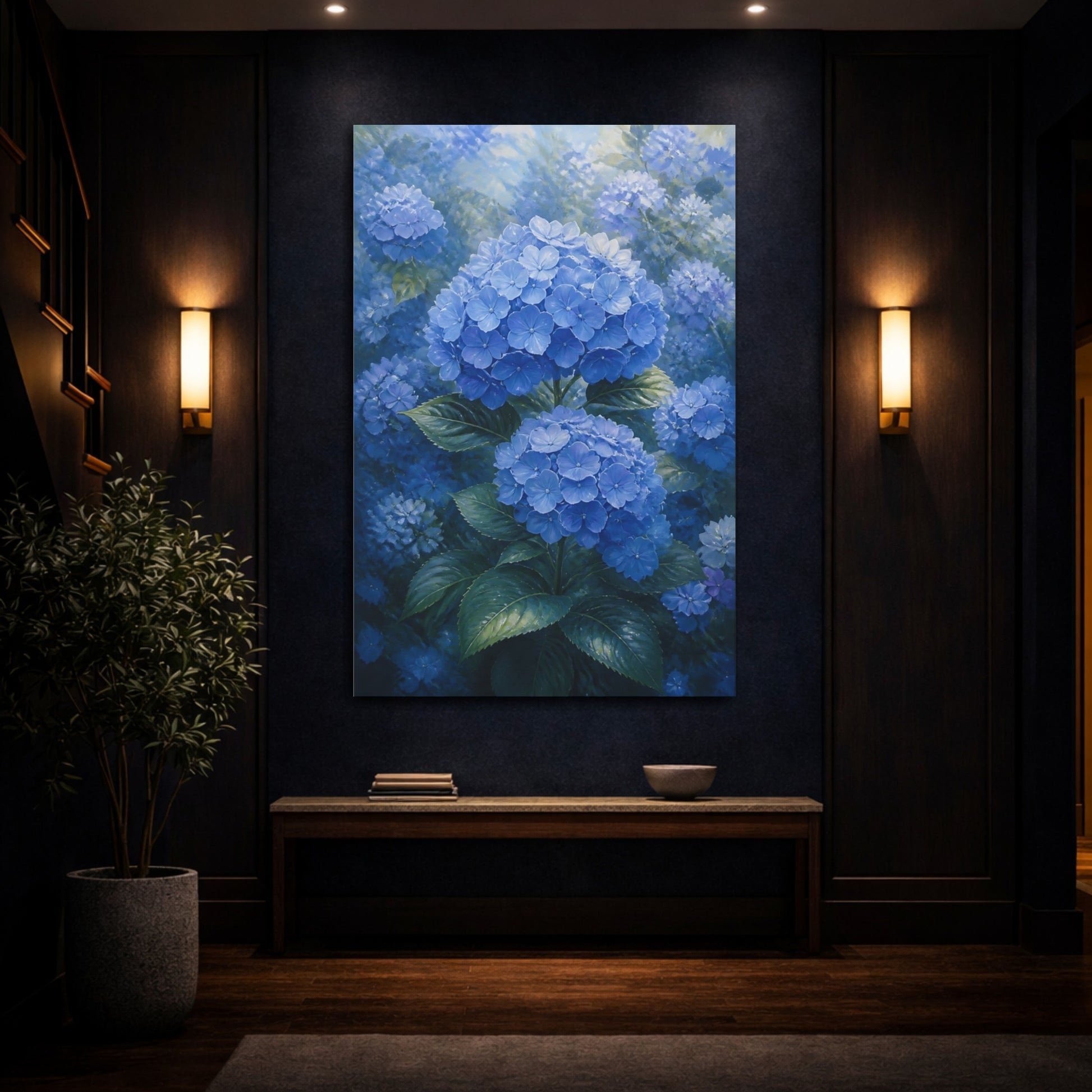 Mockup 4. Floral Hydrangeas Blue Hydrangeas shown as stretched canvas wall art