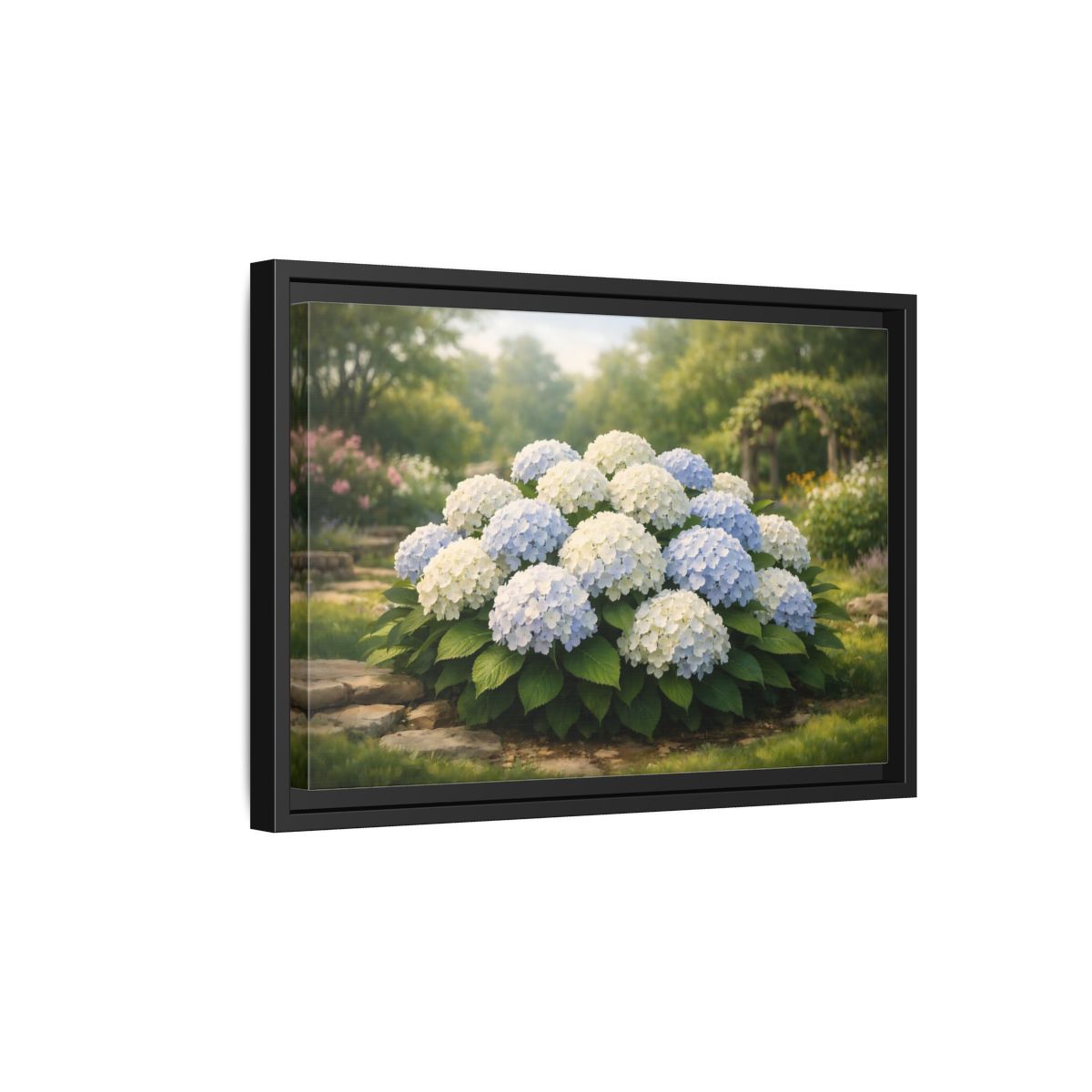 Side Mockup 6. Floral Hydrangeas Blue White Hydrangeas shown as stretched canvas wall art