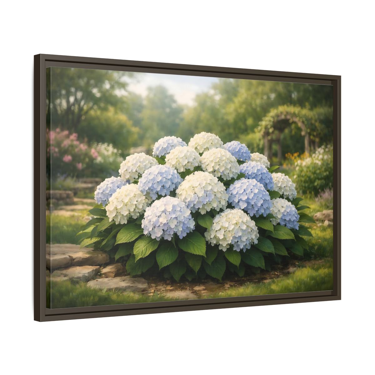 Side Mockup 11. Floral Hydrangeas Blue White Hydrangeas shown as stretched canvas wall art