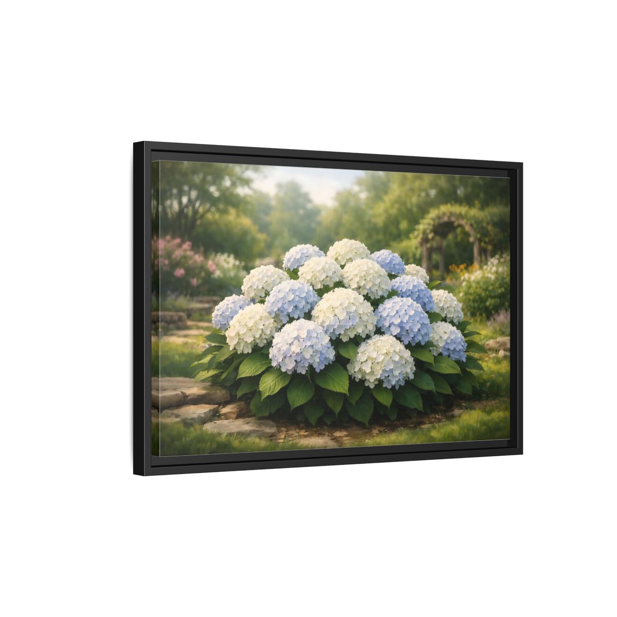 Side Mockup 3. Floral Hydrangeas Blue White Hydrangeas shown as stretched canvas wall art