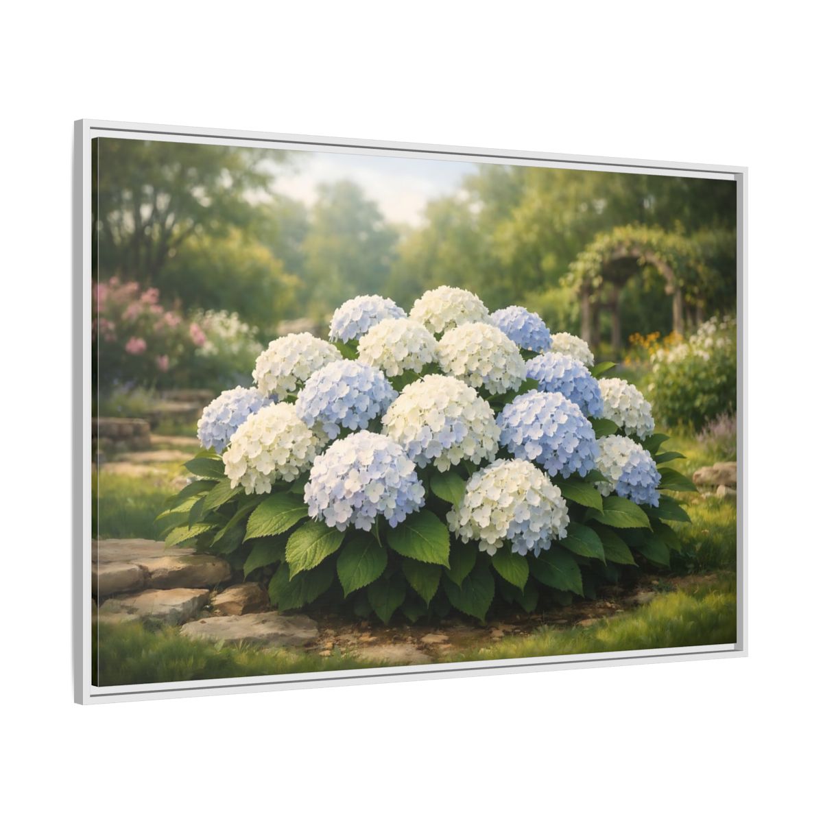 Side Mockup 7. Floral Hydrangeas Blue White Hydrangeas shown as stretched canvas wall art