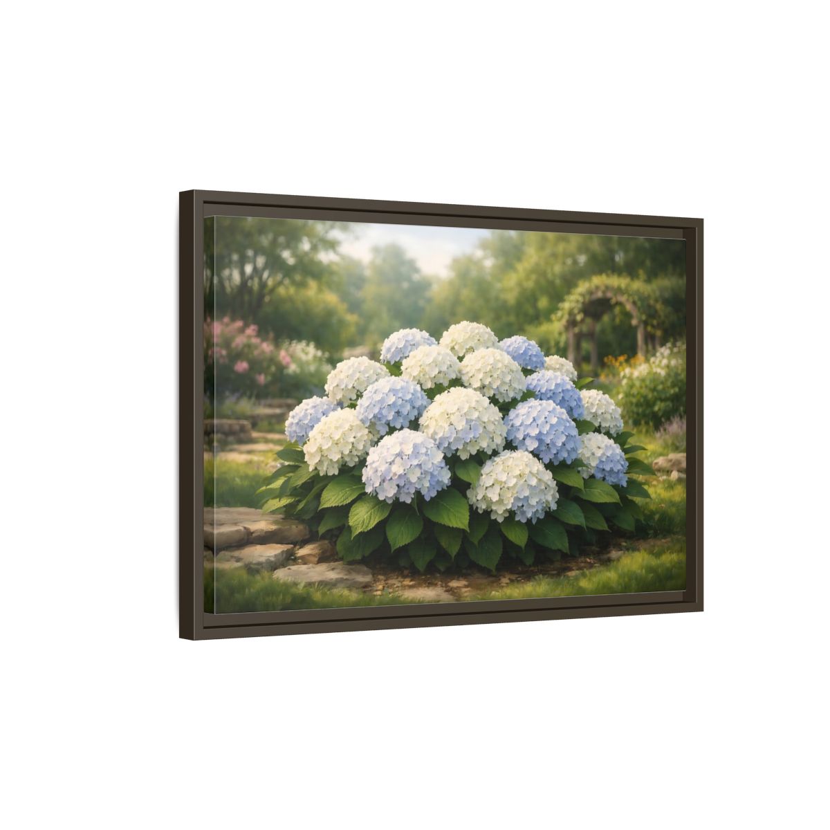 Side Mockup 2. Floral Hydrangeas Blue White Hydrangeas shown as stretched canvas wall art