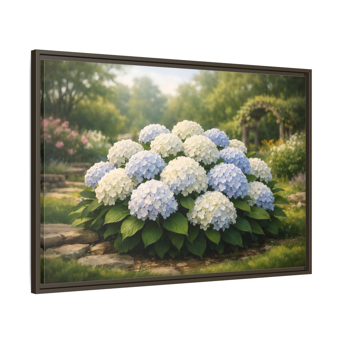 Side Mockup 9. Floral Hydrangeas Blue White Hydrangeas shown as stretched canvas wall art