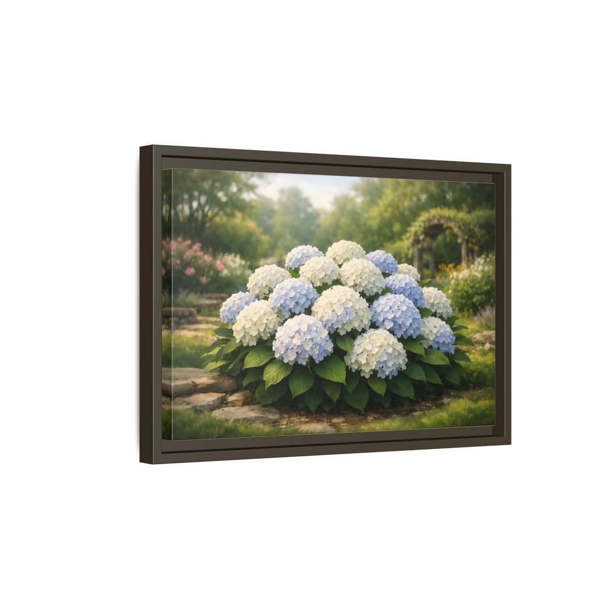 Side Mockup 5. Floral Hydrangeas Blue White Hydrangeas shown as stretched canvas wall art