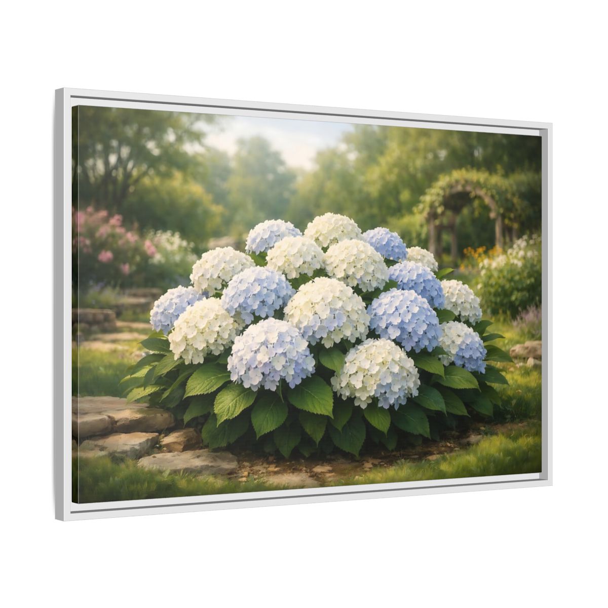 Side Mockup 8. Floral Hydrangeas Blue White Hydrangeas shown as stretched canvas wall art