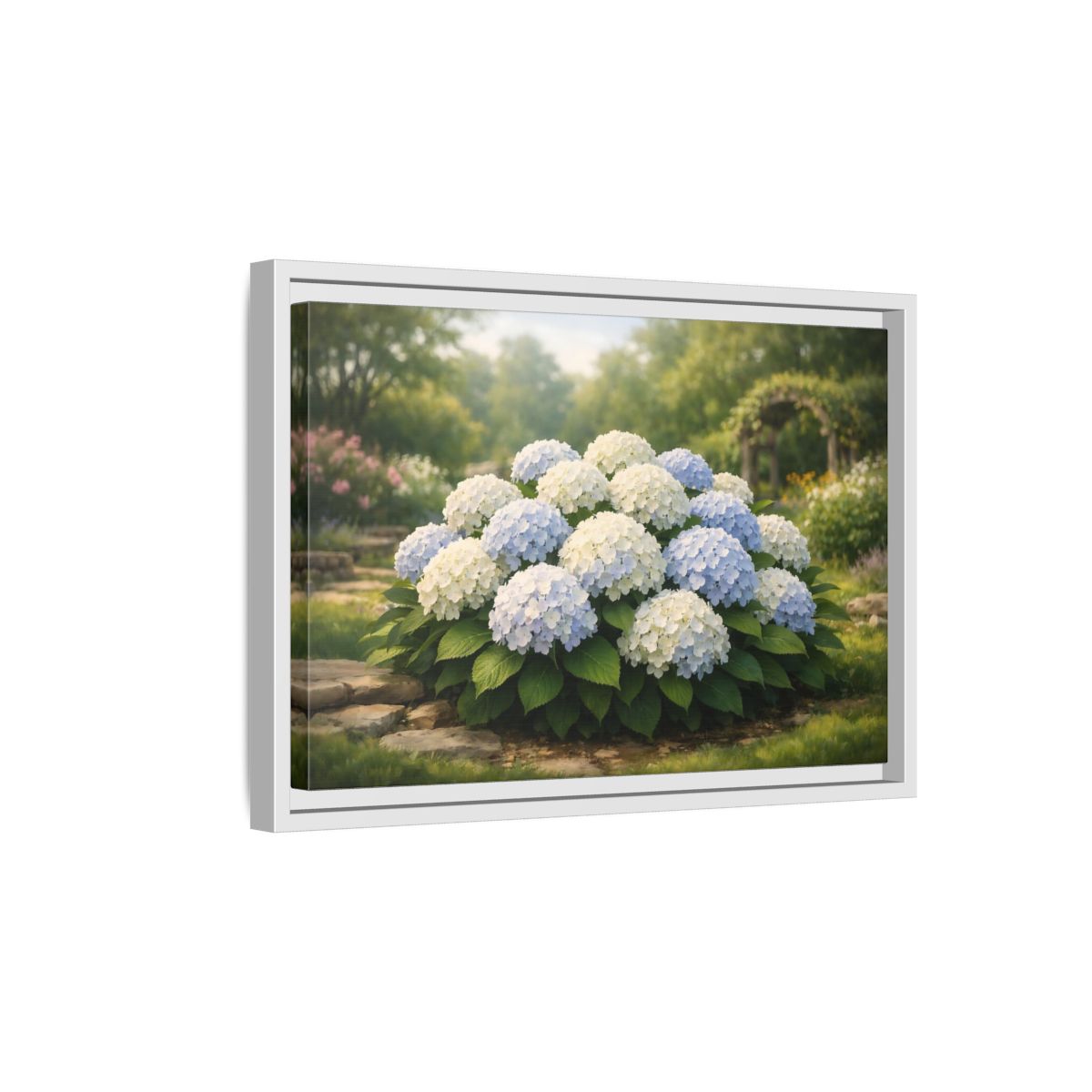 Side Mockup 4. Floral Hydrangeas Blue White Hydrangeas shown as stretched canvas wall art