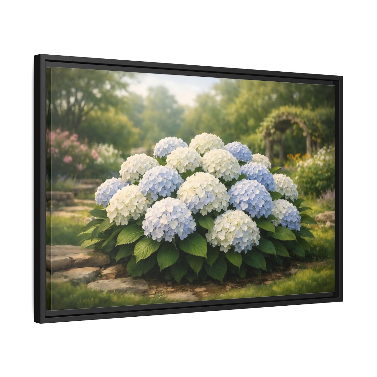 Side Mockup 14. Floral Hydrangeas Blue White Hydrangeas shown as stretched canvas wall art