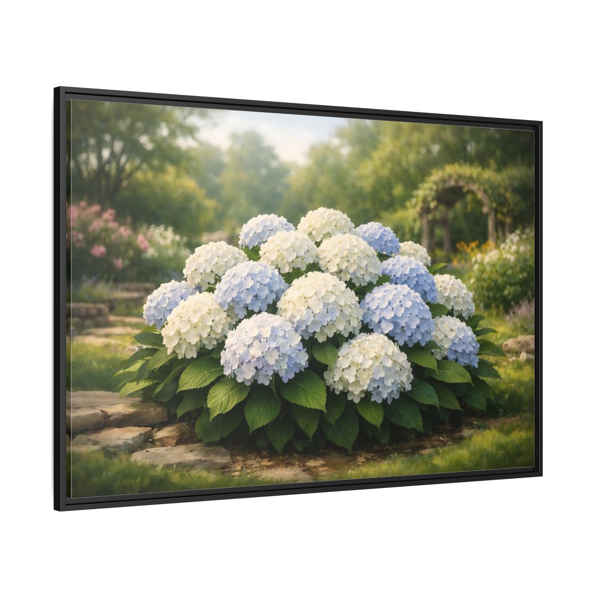 Side Mockup 12. Floral Hydrangeas Blue White Hydrangeas shown as stretched canvas wall art