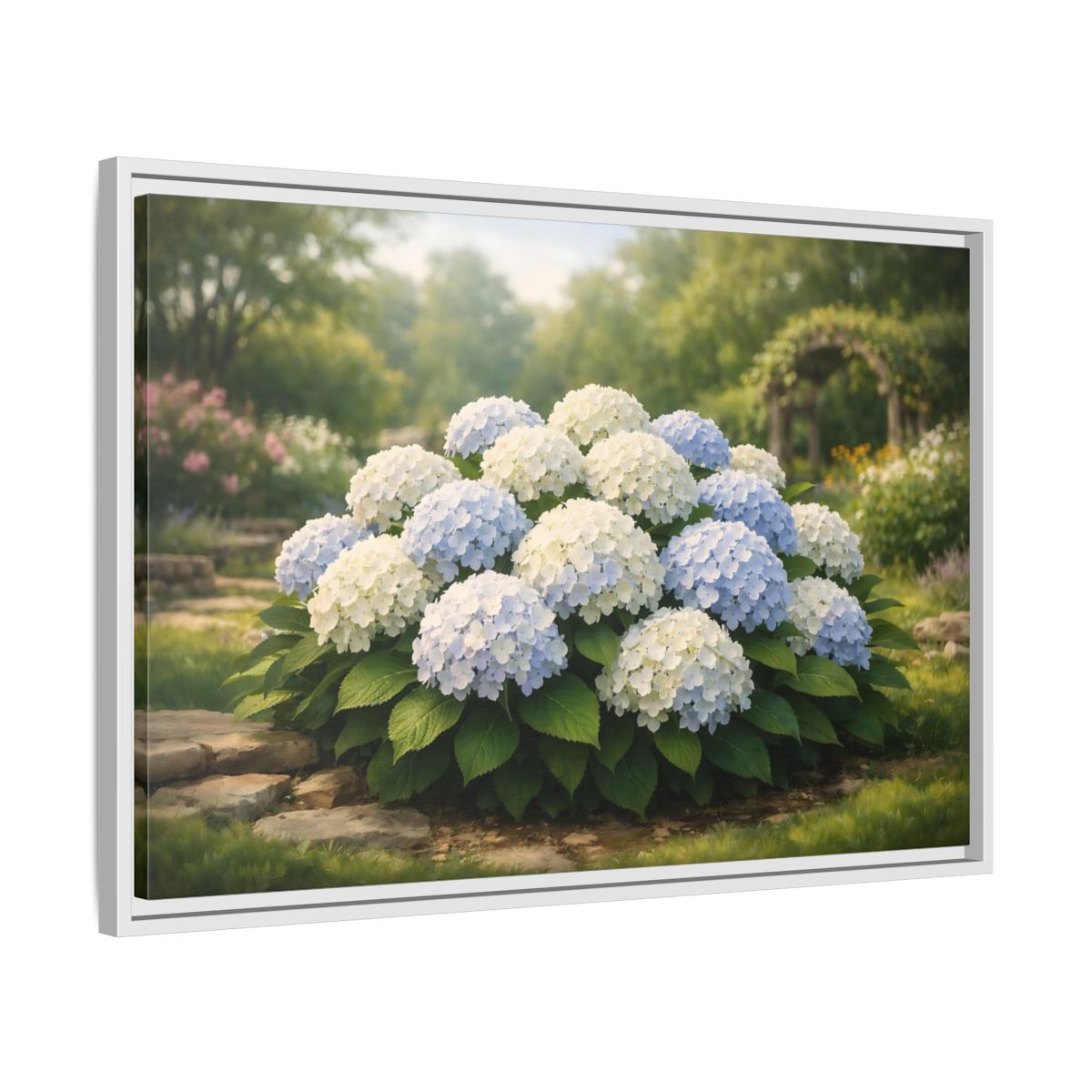 Side Mockup 10. Floral Hydrangeas Blue White Hydrangeas shown as stretched canvas wall art