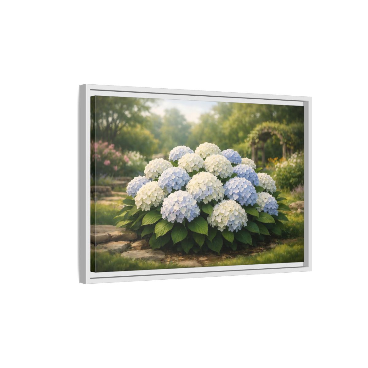 Side Mockup 1. Floral Hydrangeas Blue White Hydrangeas shown as stretched canvas wall art