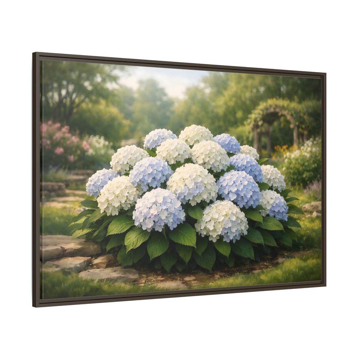 Main Mockup. Floral Hydrangeas Blue White Hydrangeas shown as stretched canvas wall art