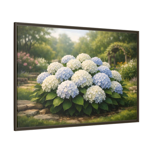 Main Mockup. Floral Hydrangeas Blue White Hydrangeas shown as stretched canvas wall art