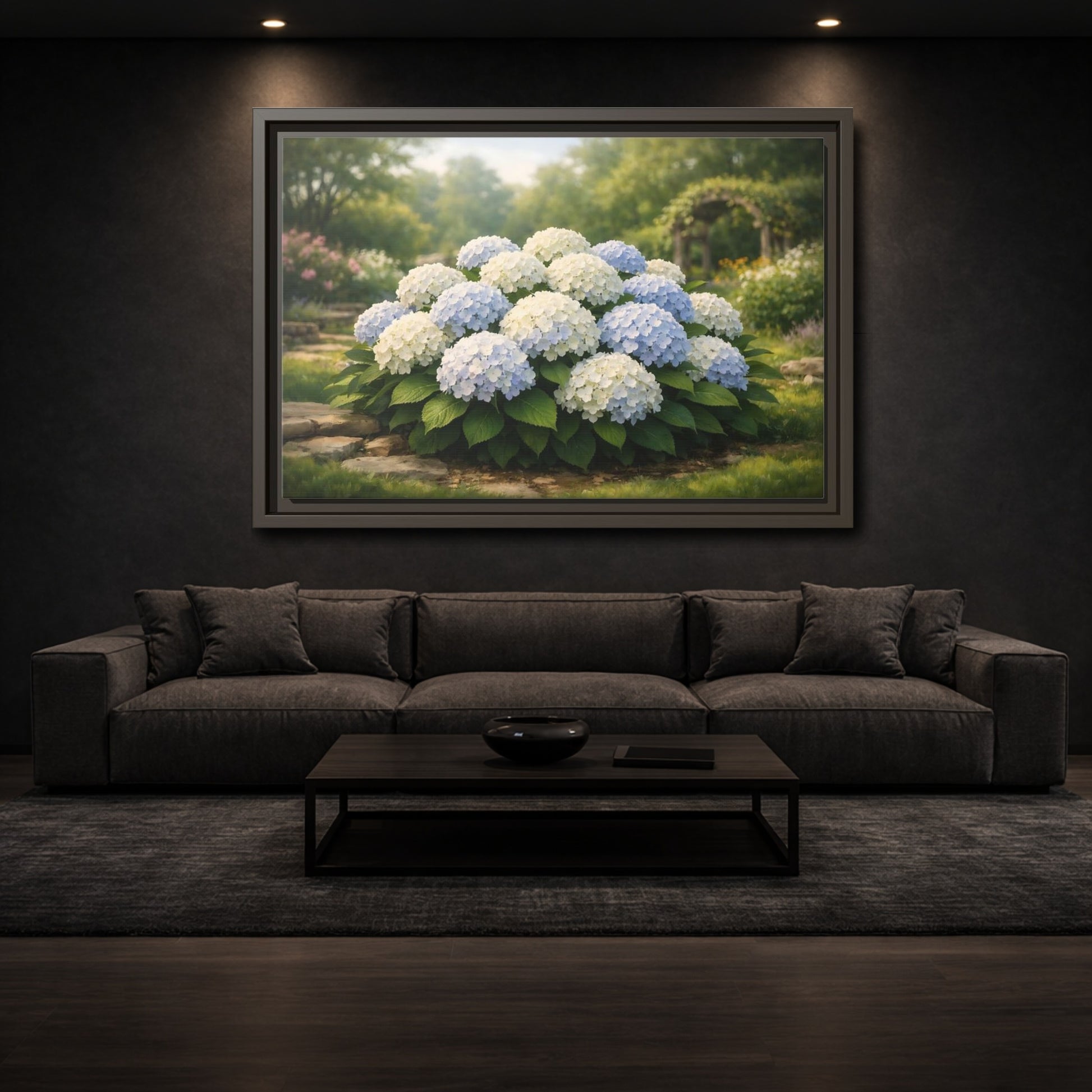 Mockup 2. Floral Hydrangeas Blue White Hydrangeas shown as stretched canvas wall art