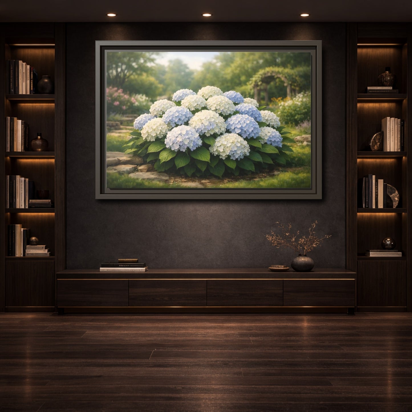 Mockup 3. Floral Hydrangeas Blue White Hydrangeas shown as stretched canvas wall art