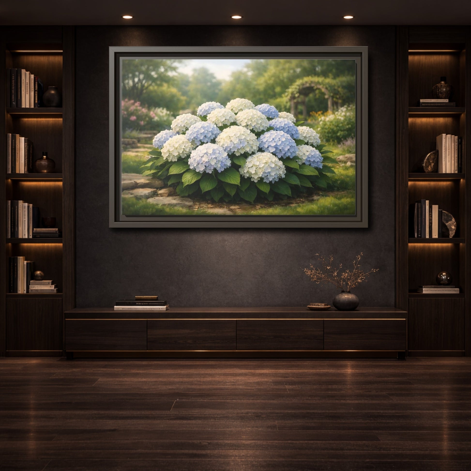 Mockup 3. Floral Hydrangeas Blue White Hydrangeas shown as stretched canvas wall art