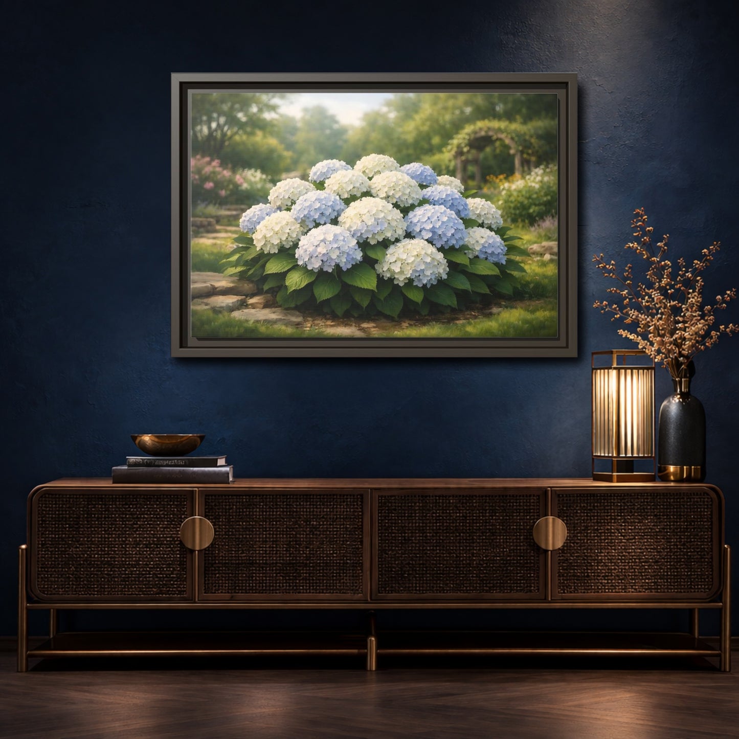 Mockup 4. Floral Hydrangeas Blue White Hydrangeas shown as stretched canvas wall art