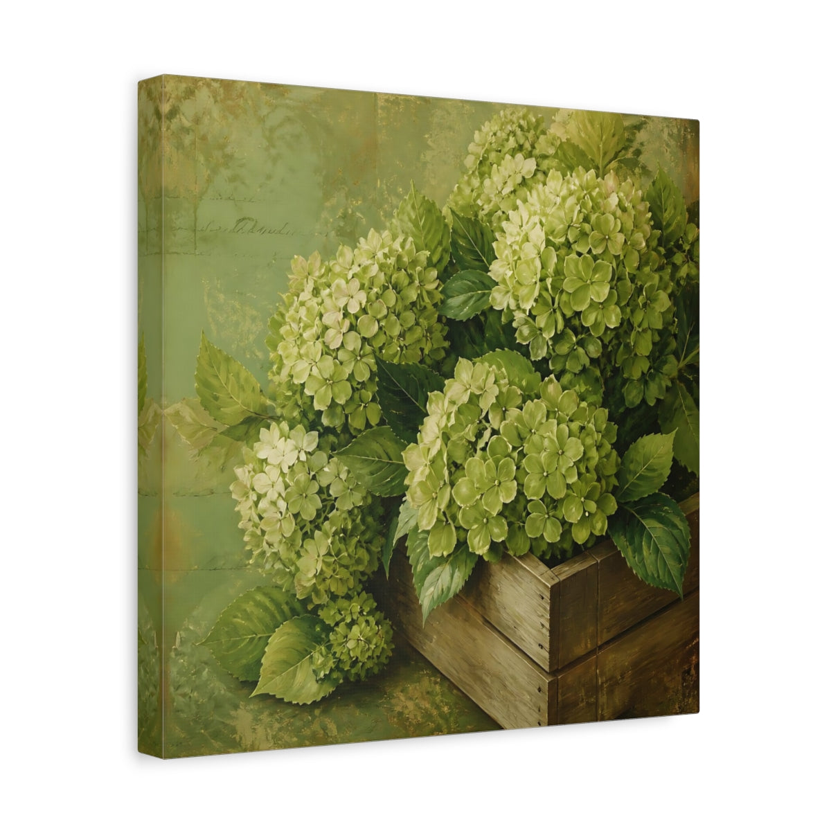 Side Mockup 7. Floral Hydrangeas Green Hydrangeas shown as stretched canvas wall art