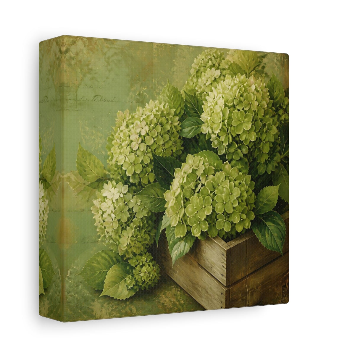 Side Mockup 2. Floral Hydrangeas Green Hydrangeas shown as stretched canvas wall art