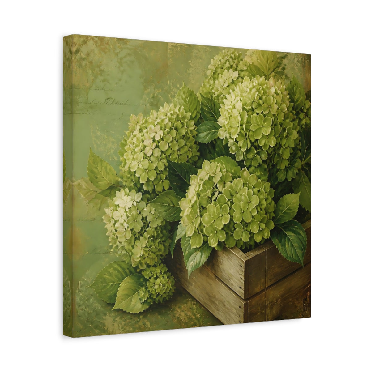 Side Mockup 6. Floral Hydrangeas Green Hydrangeas shown as stretched canvas wall art