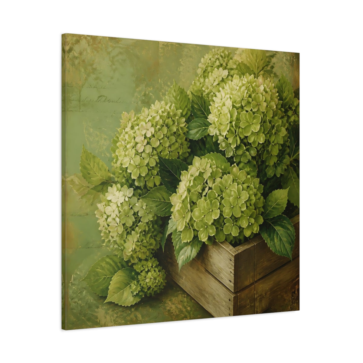 Side Mockup 1. Floral Hydrangeas Green Hydrangeas shown as stretched canvas wall art