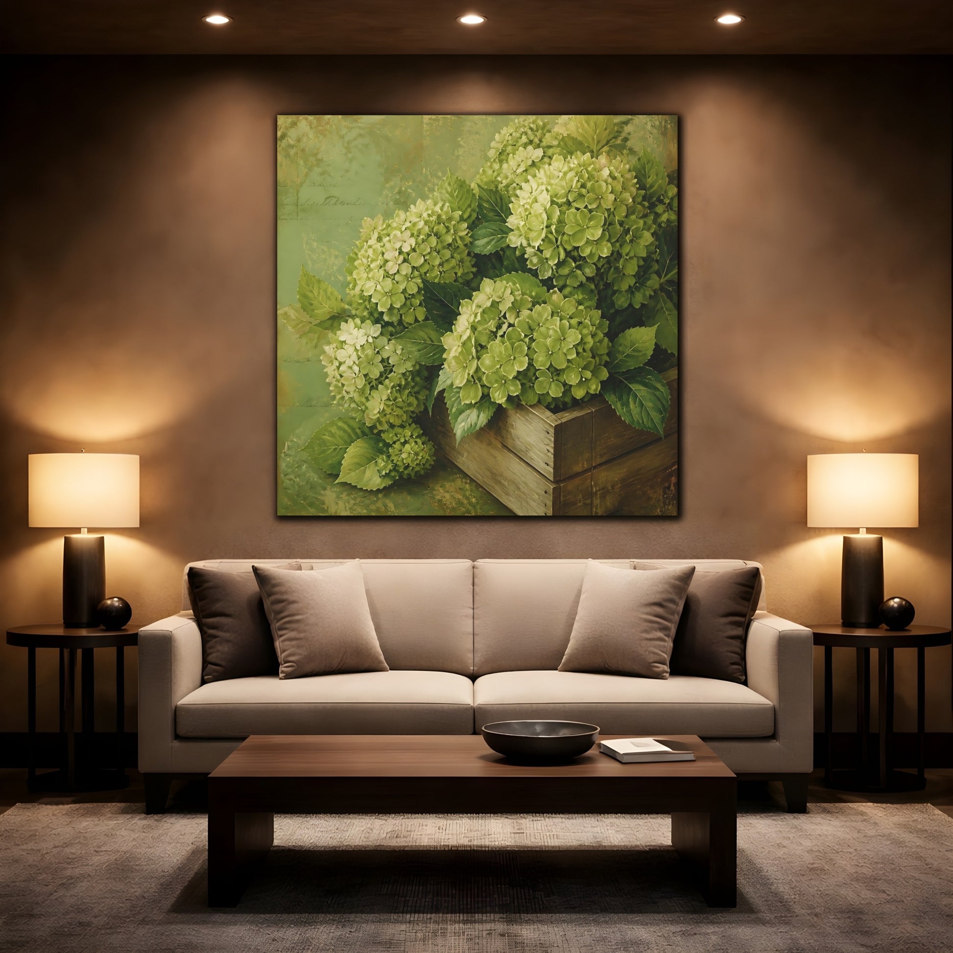 Mockup 2. Floral Hydrangeas Green Hydrangeas shown as stretched canvas wall art