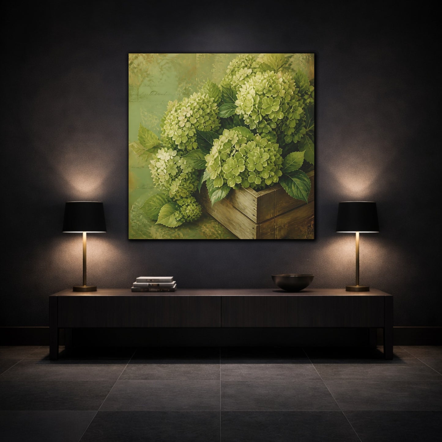 Mockup 3. Floral Hydrangeas Green Hydrangeas shown as stretched canvas wall art