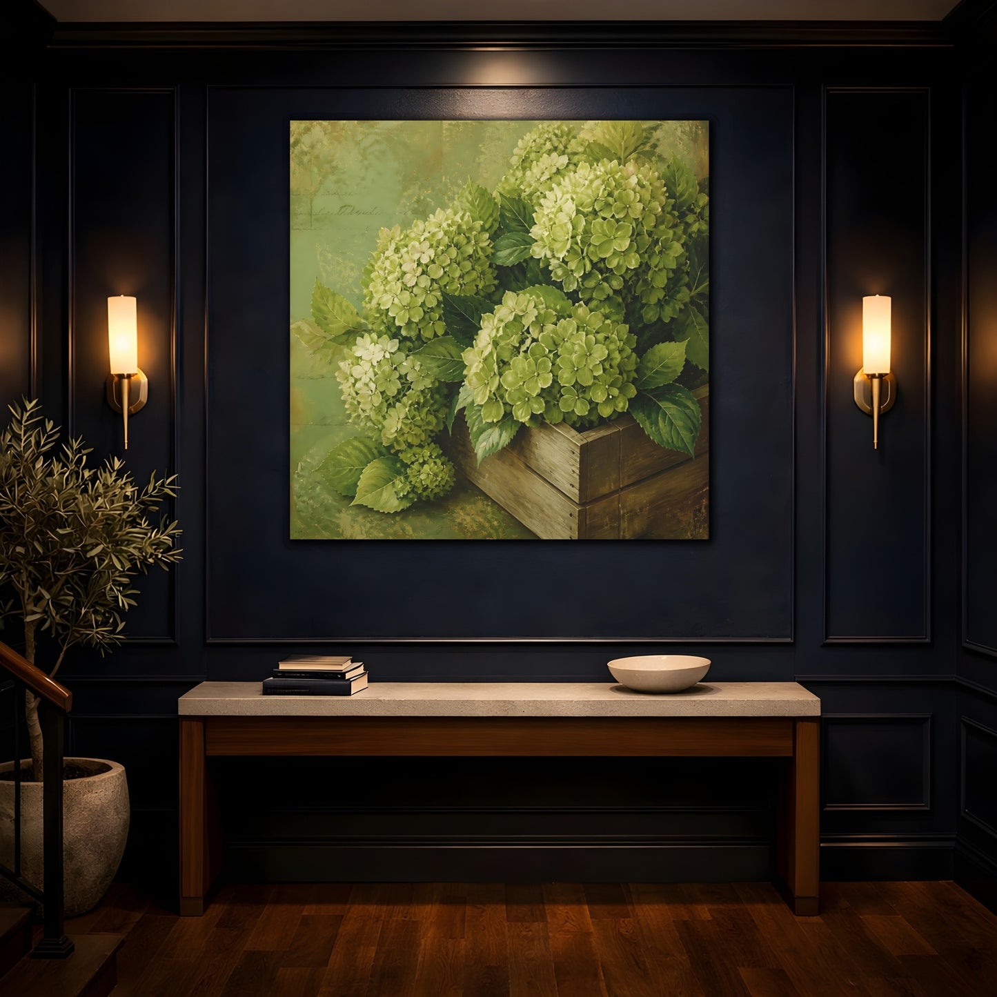Mockup 4. Floral Hydrangeas Green Hydrangeas shown as stretched canvas wall art