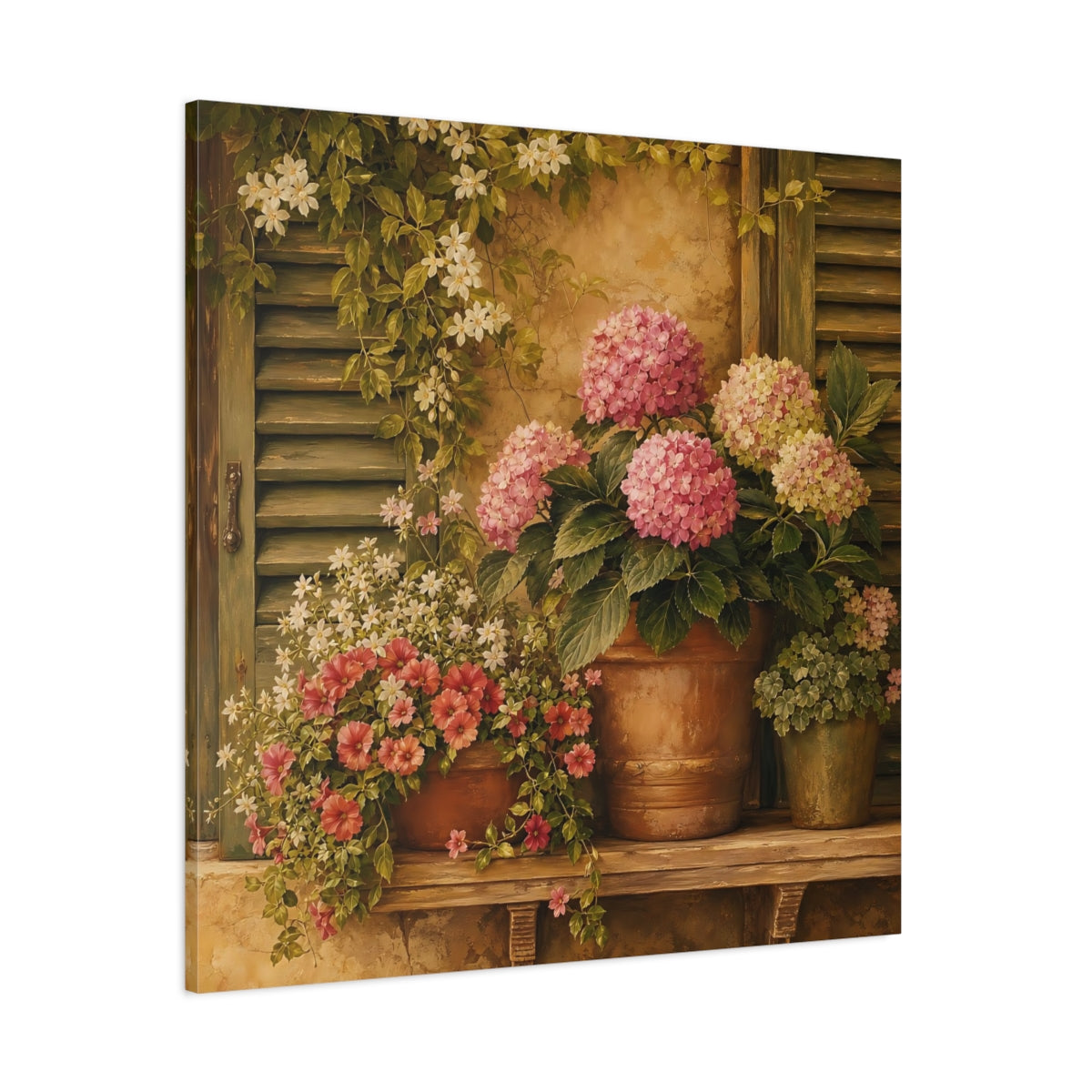 Side Mockup 1. Floral Hydrangeas Pink Hydrangeas shown as stretched canvas wall art