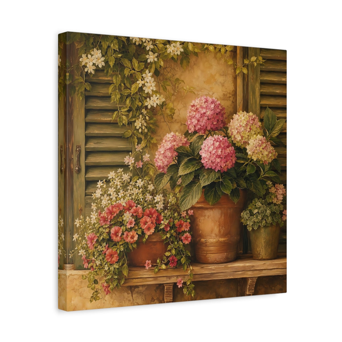 Side Mockup 6. Floral Hydrangeas Pink Hydrangeas shown as stretched canvas wall art