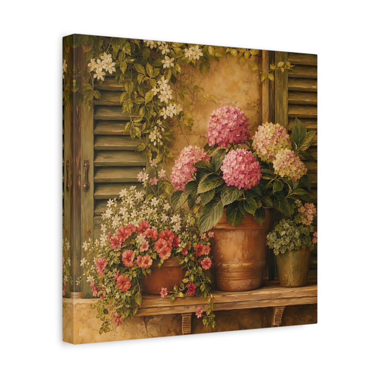 Side Mockup 7. Floral Hydrangeas Pink Hydrangeas shown as stretched canvas wall art