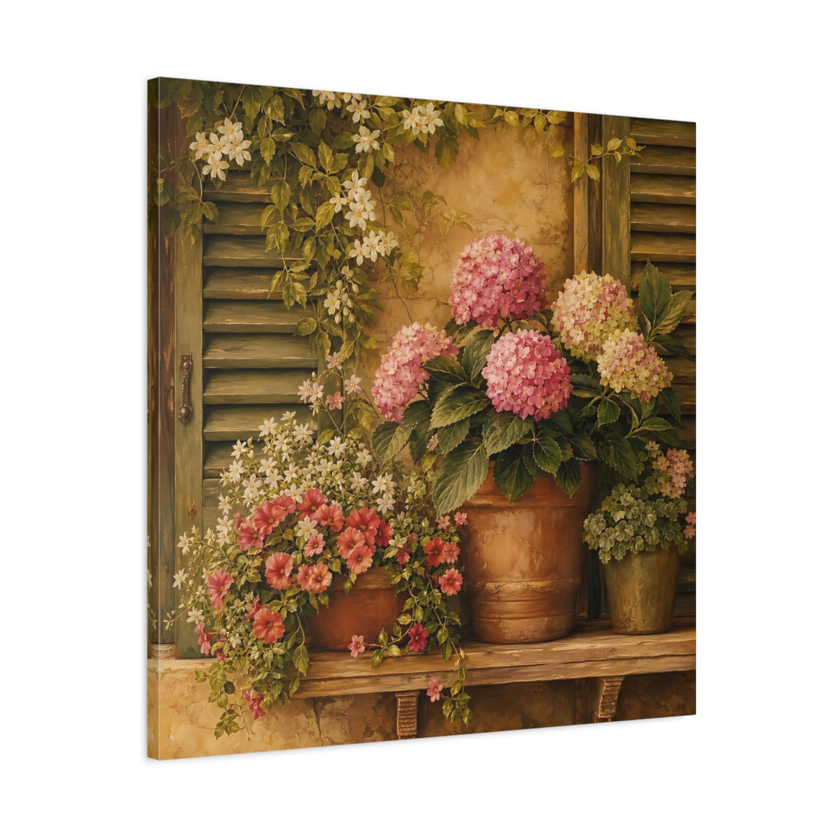 Side Mockup 3. Floral Hydrangeas Pink Hydrangeas shown as stretched canvas wall art