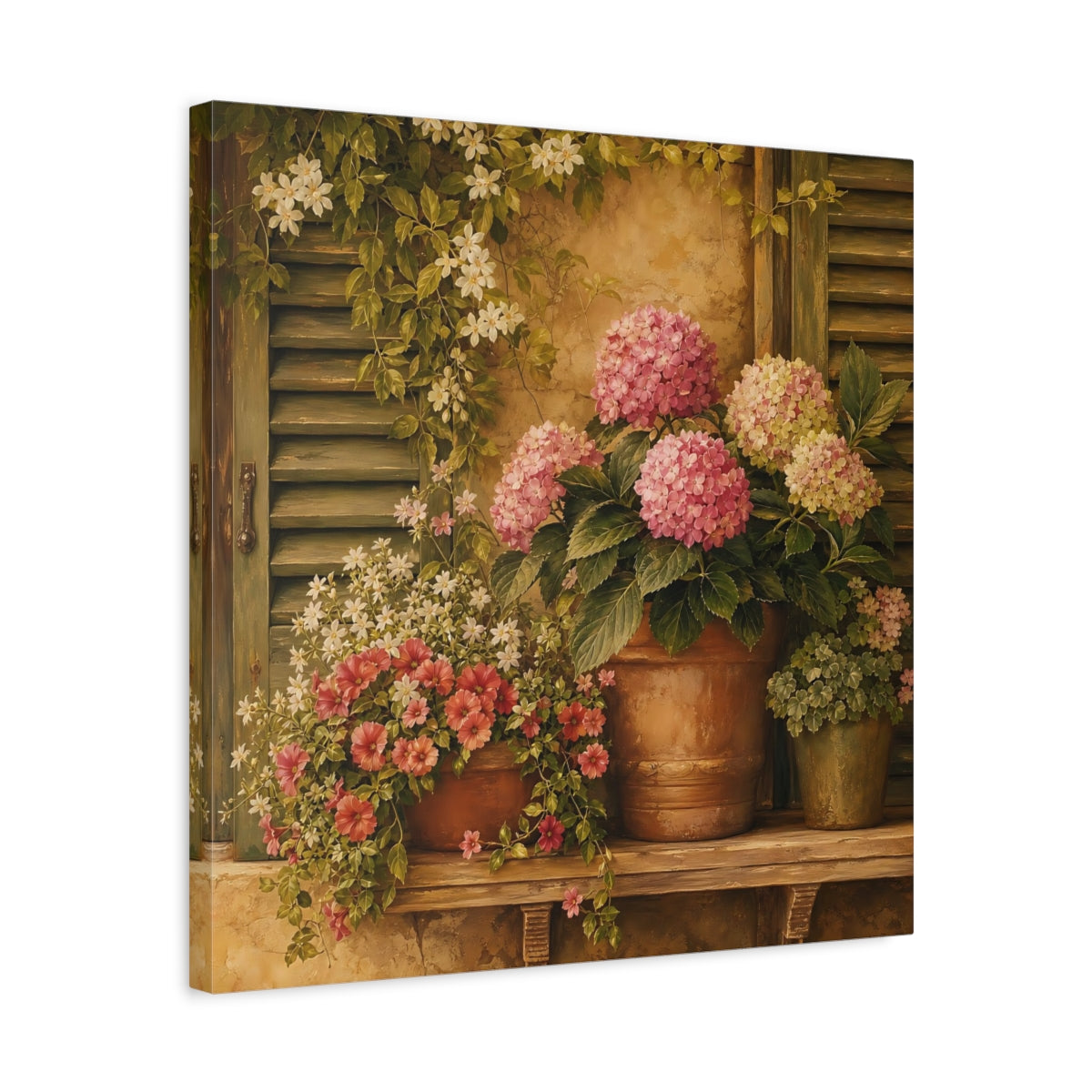 Side Mockup 5. Floral Hydrangeas Pink Hydrangeas shown as stretched canvas wall art