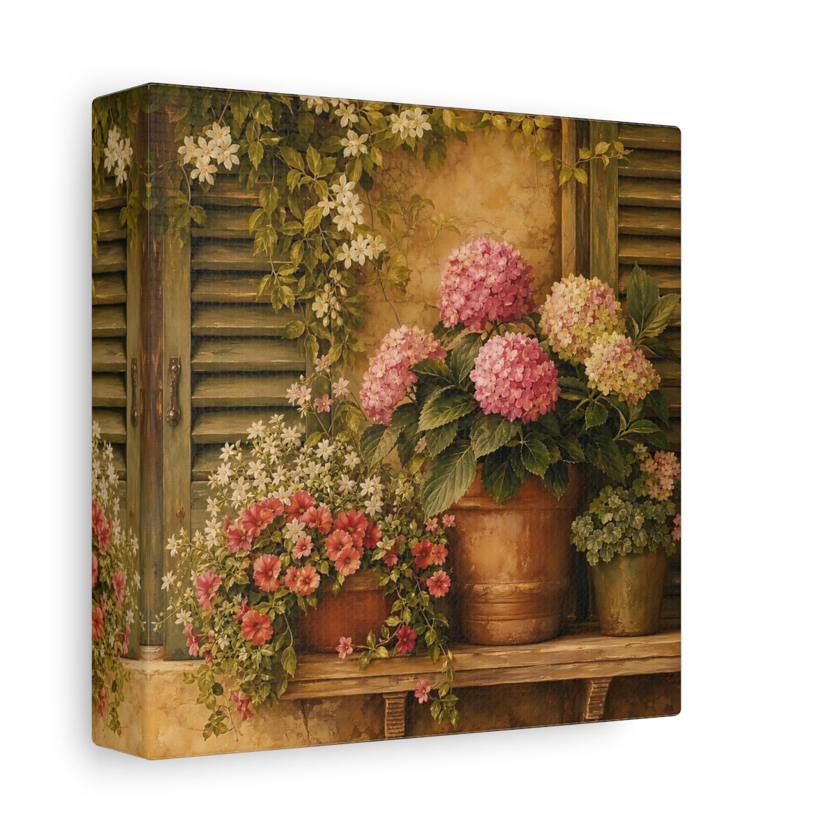 Side Mockup 2. Floral Hydrangeas Pink Hydrangeas shown as stretched canvas wall art