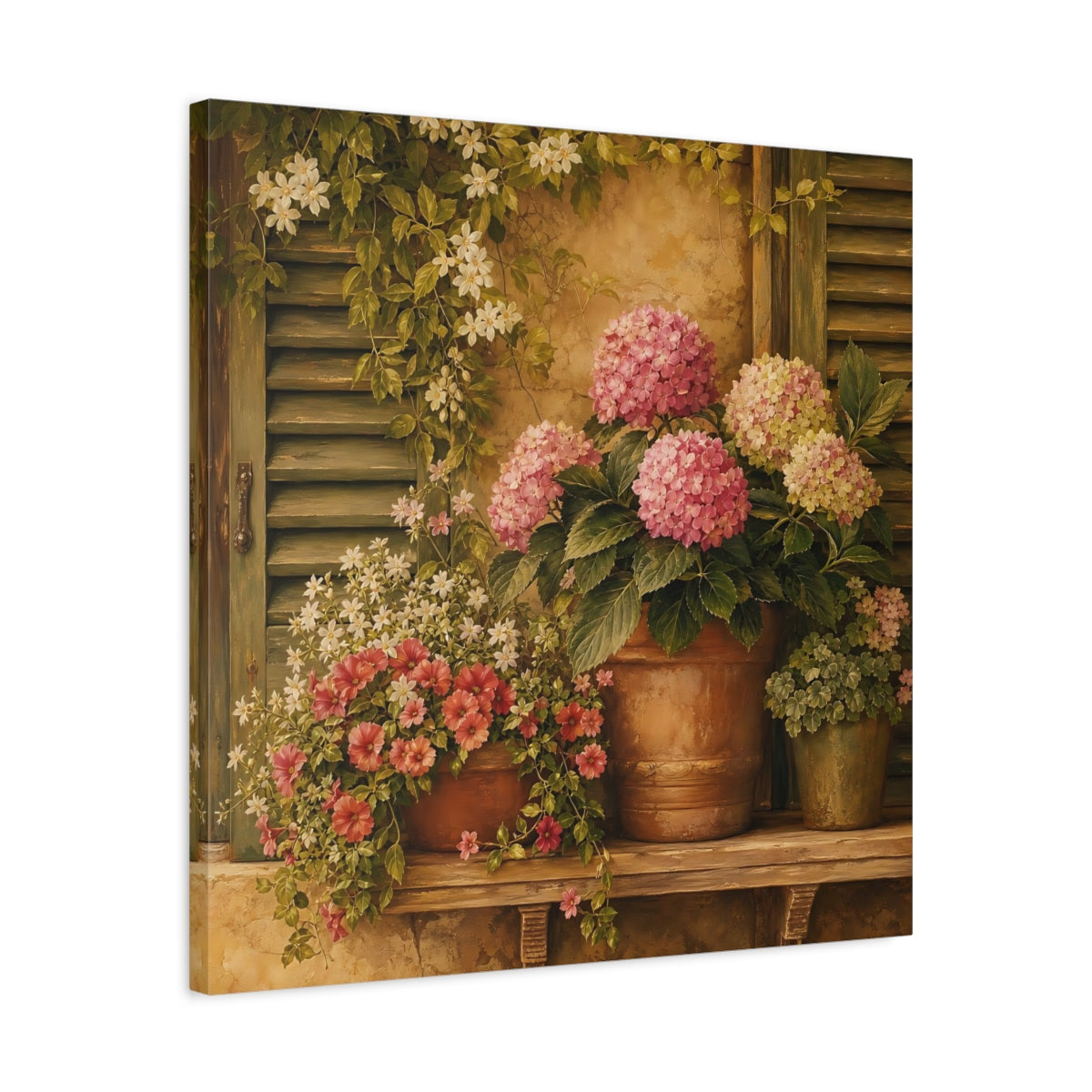 Side Mockup 4. Floral Hydrangeas Pink Hydrangeas shown as stretched canvas wall art