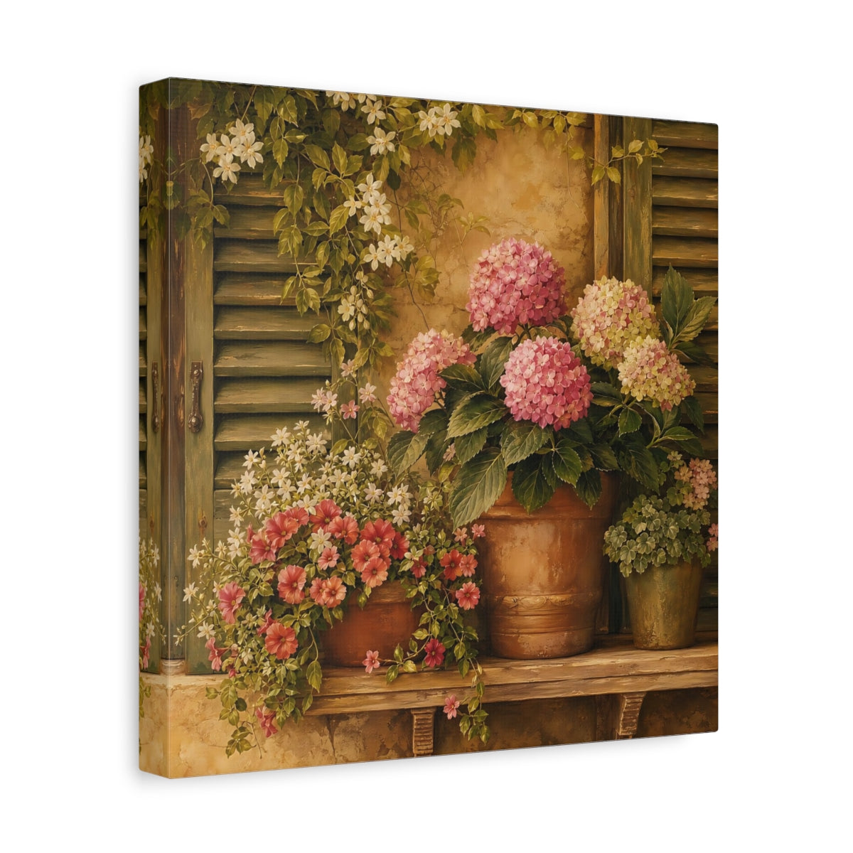 Side Mockup 8. Floral Hydrangeas Pink Hydrangeas shown as stretched canvas wall art