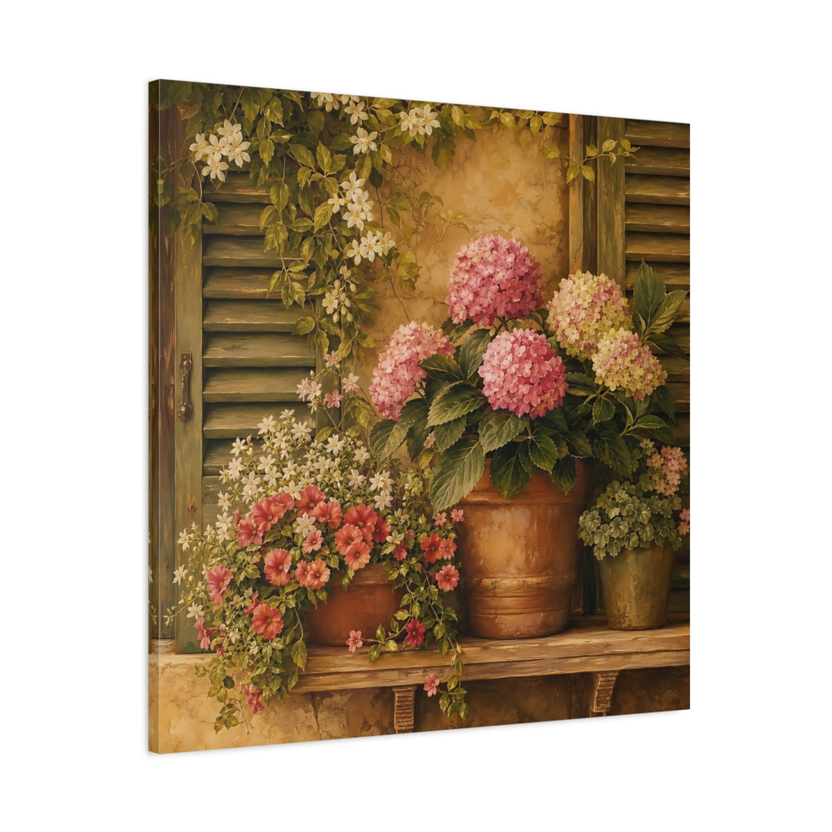 Main Mockup. Floral Hydrangeas Pink Hydrangeas shown as stretched canvas wall art