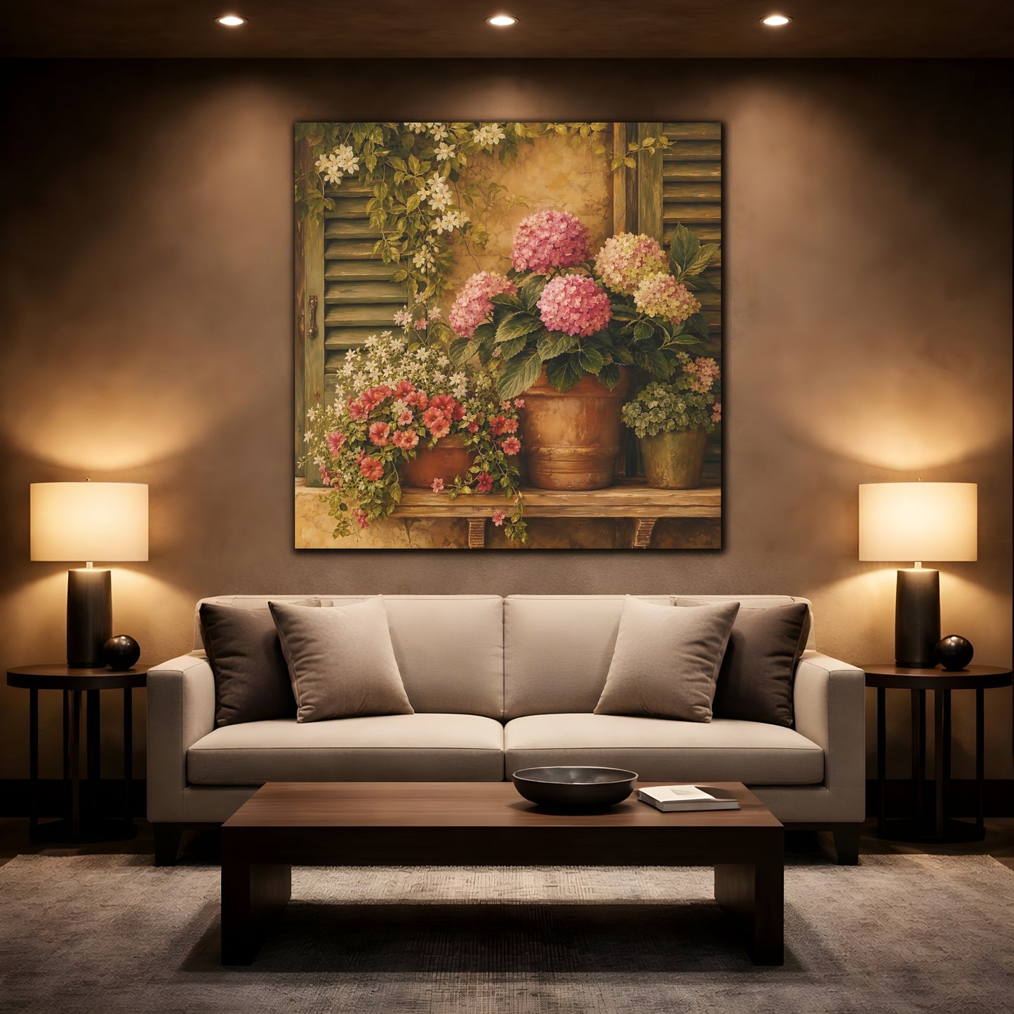 Mockup 2. Floral Hydrangeas Pink Hydrangeas shown as stretched canvas wall art