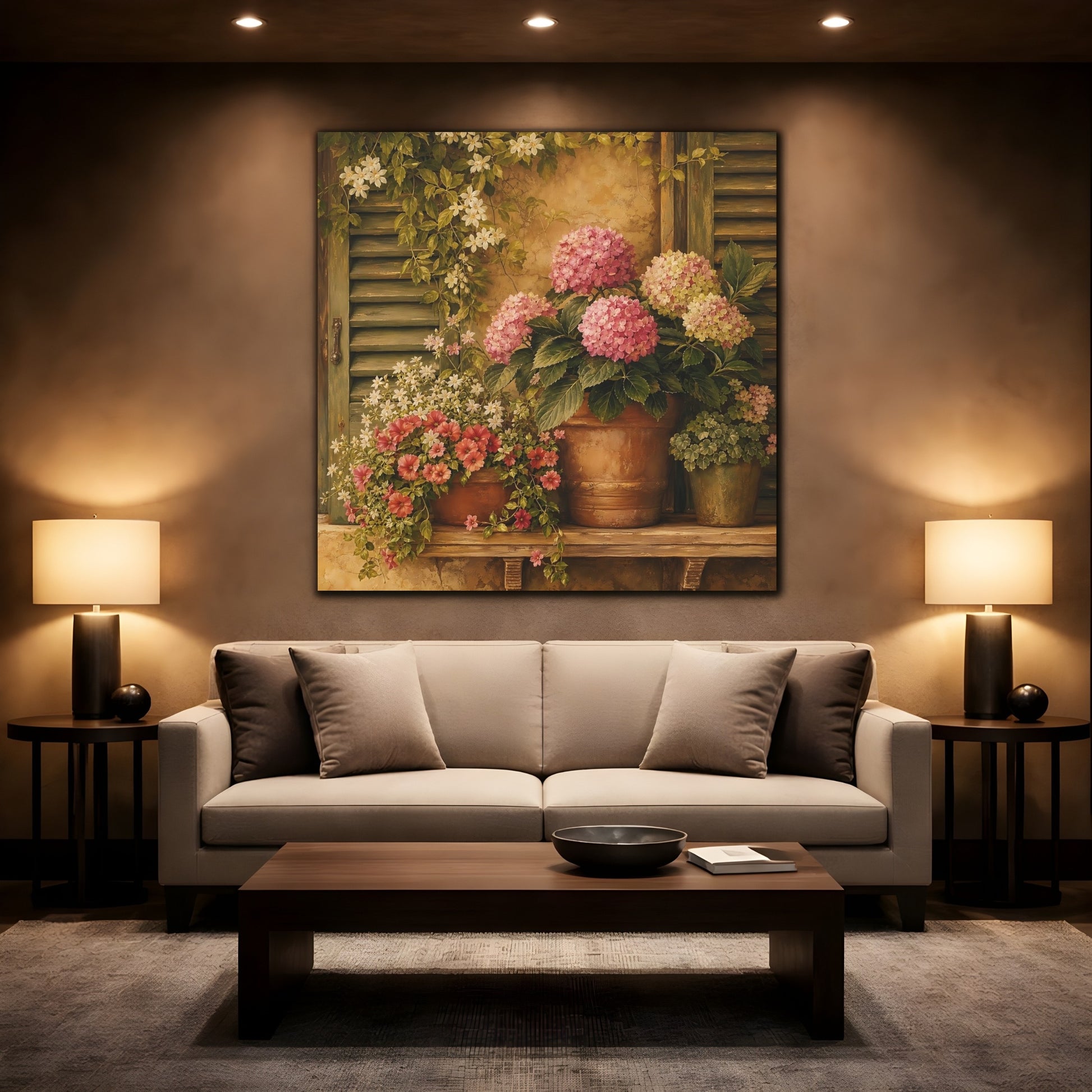 Mockup 2. Floral Hydrangeas Pink Hydrangeas shown as stretched canvas wall art