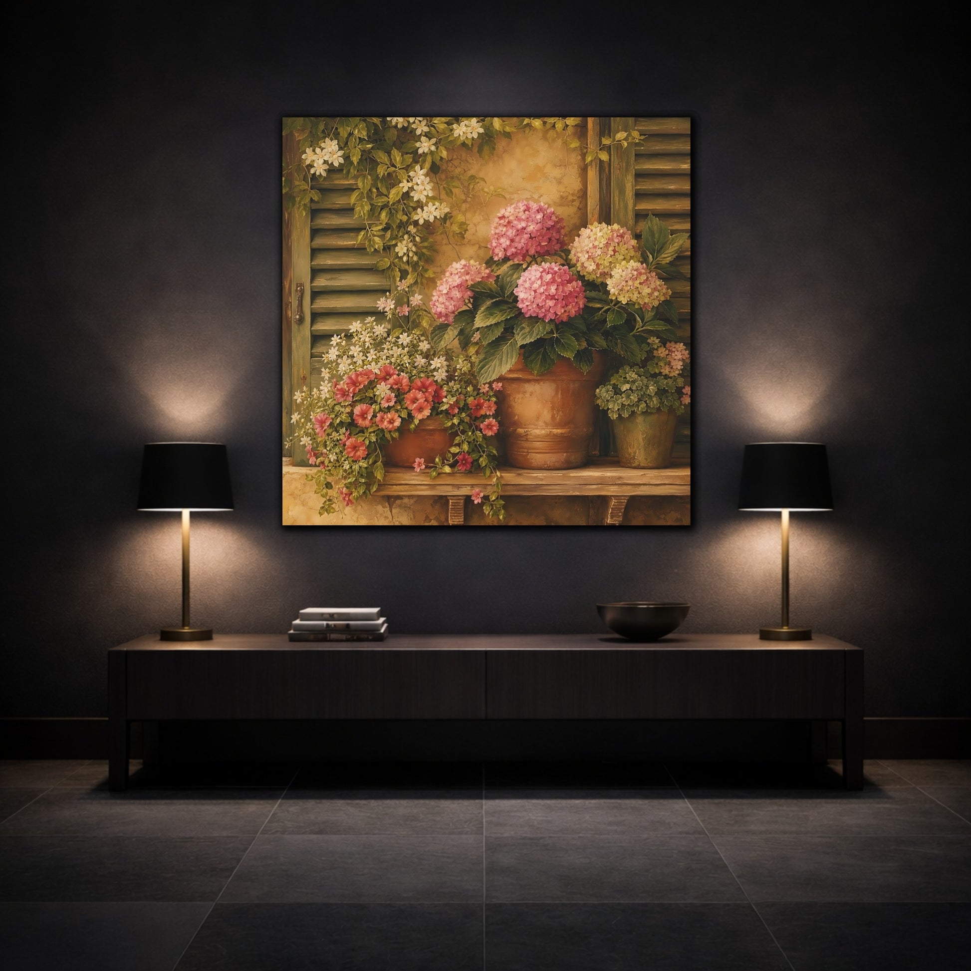 Mockup 3. Floral Hydrangeas Pink Hydrangeas shown as stretched canvas wall art
