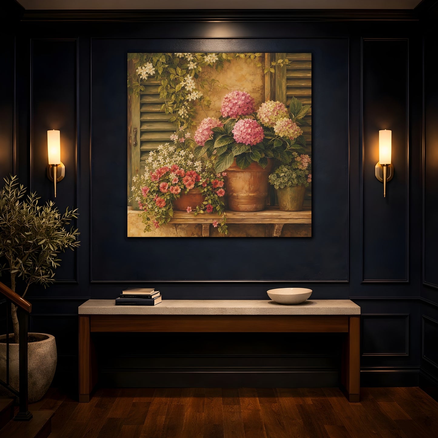 Mockup 4. Floral Hydrangeas Pink Hydrangeas shown as stretched canvas wall art