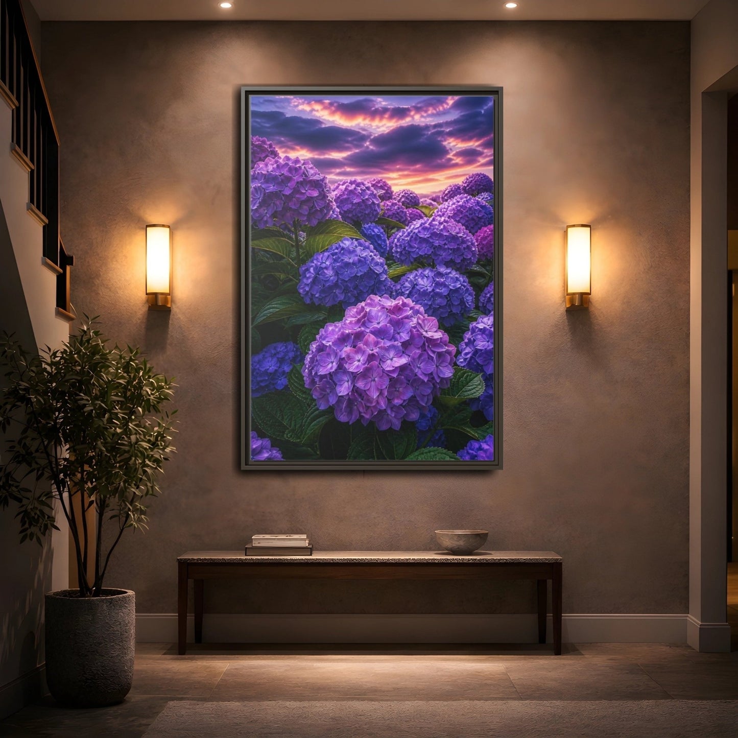 Floral Hydrangeas Purple Framed Canvas Print – Vibrant Decor for Living Room, Above Console Table - YesArtYes